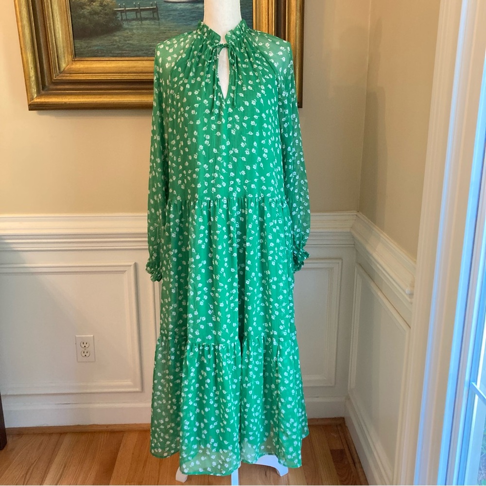 H&M Green White Ditsy Floral Print Long Sleeve Midi Dress - Picture 3 of 9